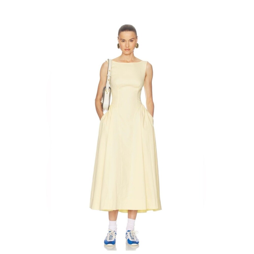 NWOT Helsa Stretch Cotton Sateen Sleeveless Midi Dress in Lemontini, S